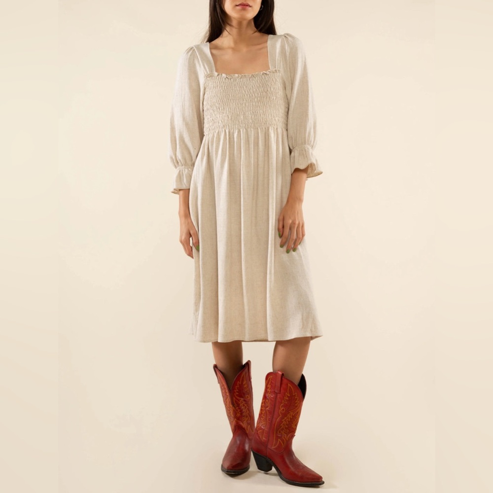 nlt Shirred 3/4 Sleeve Linen Dress NWOT